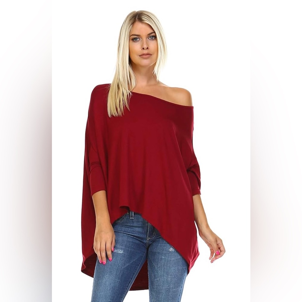 NWOT Isaac Liev Short Sleeve Hi-Low Wide Neck Red Long Asymm top. Oversized Lg!